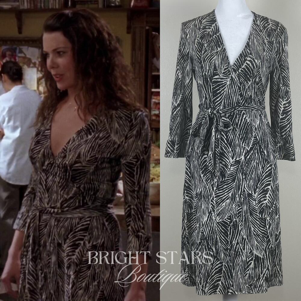 Rare Vintage Silk Wrap Dress B&W Leaf Print As Seen On Lorelai Gilmore Girls